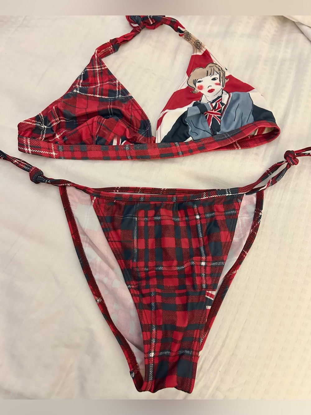 Bershka Red Plaid & British Graphic Triangle Bikini Set M
